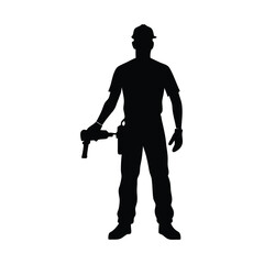 a labour worker stand with a machine stylish pose, stand with a drill machine, silhouette, solid color silhouette, isloated white background (35)