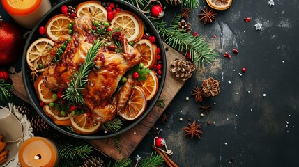 A beautifully roasted chicken is presented on a festive table, garnished with slices of orange, fresh rosemary, and assorted greenery. Holiday decorations, candles, and pine cones enhance the festive