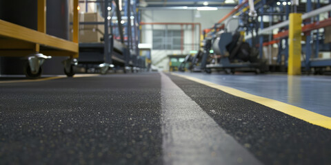 A closeup of anti slip floor markings in a production area, rubber floor covering factory.