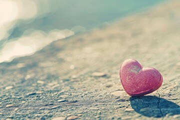 Fototapeta premium Lonely Pink HeartShaped Stone on Seashore with Bokeh Background
