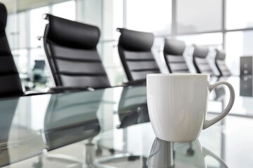 Fototapeta premium Empty Modern Office Boardroom with Coffee Mug on Glass Table in Focus