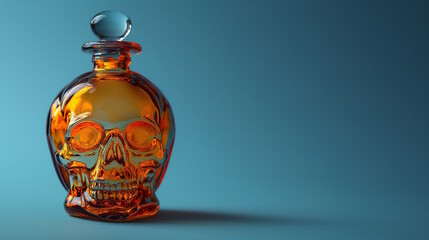 A glass bottle shaped like a skull filled with orange liquid against a blue background. The image is eerie and mysterious, perfect for Halloween decorations or themed artwork