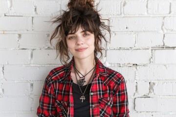 Young Woman with Messy Updo in Plaid Shirt Against White Brick Wall