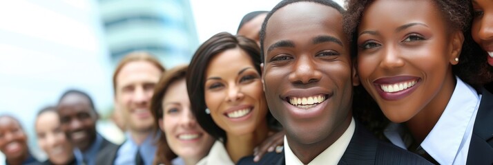 Diverse Smiling Business Team Celebrating Success in Modern Urban Setting