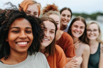 Obraz premium Diverse Group of Young Women Smiling Outdoors for Casual Portrait in Natural Light