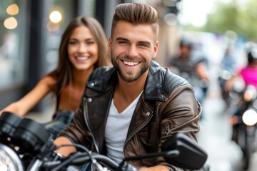 Fototapeta premium Happy Young Couple Riding Motorcycles in Urban Street Setting on a Sunny Day
