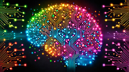 Colorful digital brain with glowing nodes