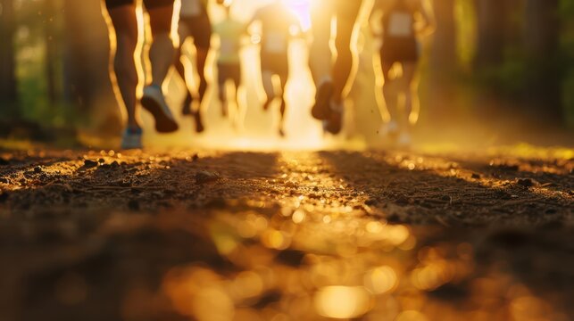 Training Camp A rigorous training camp unfolds with athletes pushing their limits, with sunlight filtering through the trees surrounding the training field, banner, with copy space