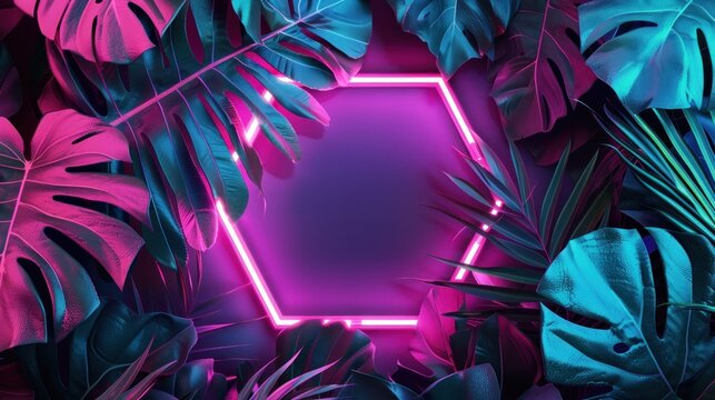 A neon hexagon surrounded by vibrant tropical leaves against a purple background - Powered by Adobe