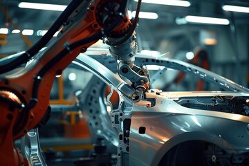 Obraz premium Robotic Arms Assembling Car Components in a Modern Factory Setting at Night