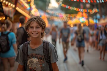 Obraz premium Excited Visitors Enjoy Thrilling Rides and Activities at a Vibrant Theme Park During a Summer Evening