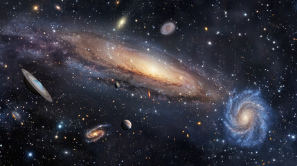 stunning cosmic landscape with spiral galaxies and star fields in deep space