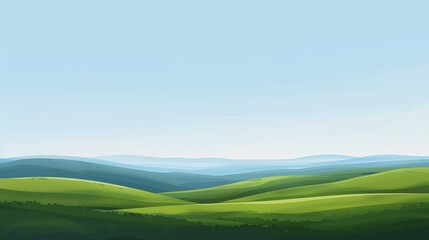 Expansive view of rolling green hills under a clear blue sky