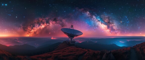 A radio telescope on a mountaintop silhouetted against a spectacular night sky filled with stars and the Milky Way
