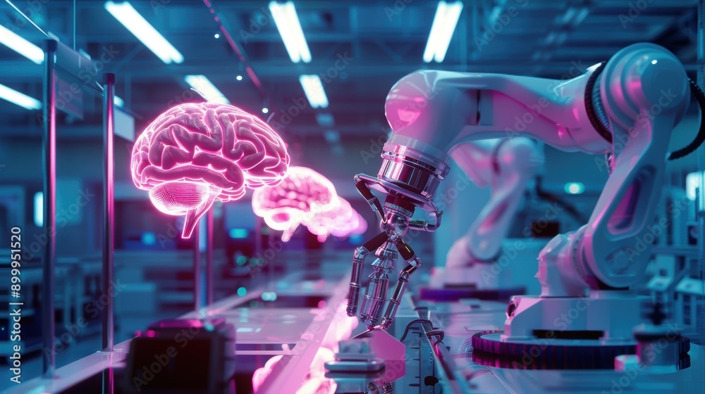 Poster robotic arm manufacturing process with glowing brain model
