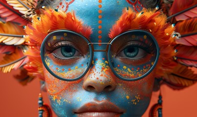 a woman with blue face paint and glasses.