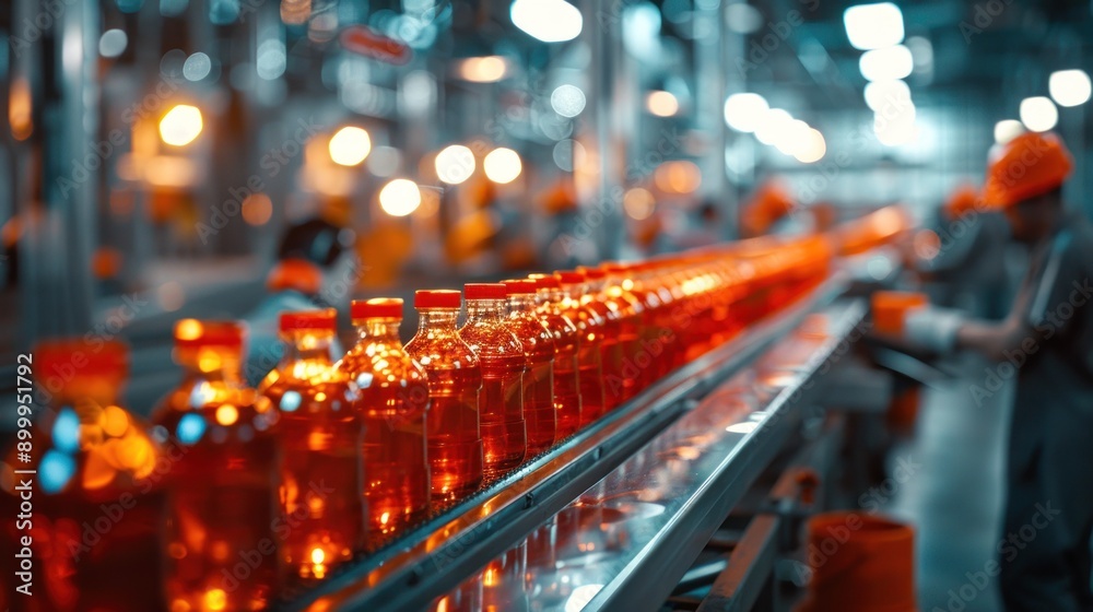 Aufkleber A closeup image of bottles on a conveyor belt in a factory setting