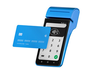 Contactless payment by credit card and mobile phone banking empty screen through the terminal 3d...