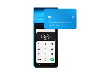 Contactless payment by credit card and mobile phone banking empty screen through the terminal 3d...
