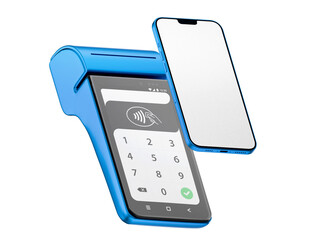 Contactless payment by credit card and mobile phone banking empty screen through the terminal 3d rendering on isolated white backround.
