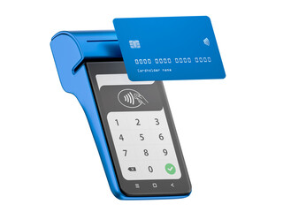 Contactless payment by credit card and mobile phone banking empty screen through the terminal 3d rendering on isolated white backround.