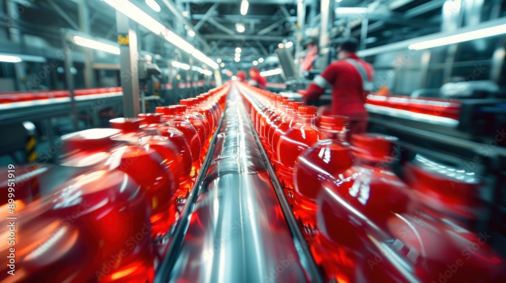 Poster Red bottles moving along a conveyor belt in a factory setting