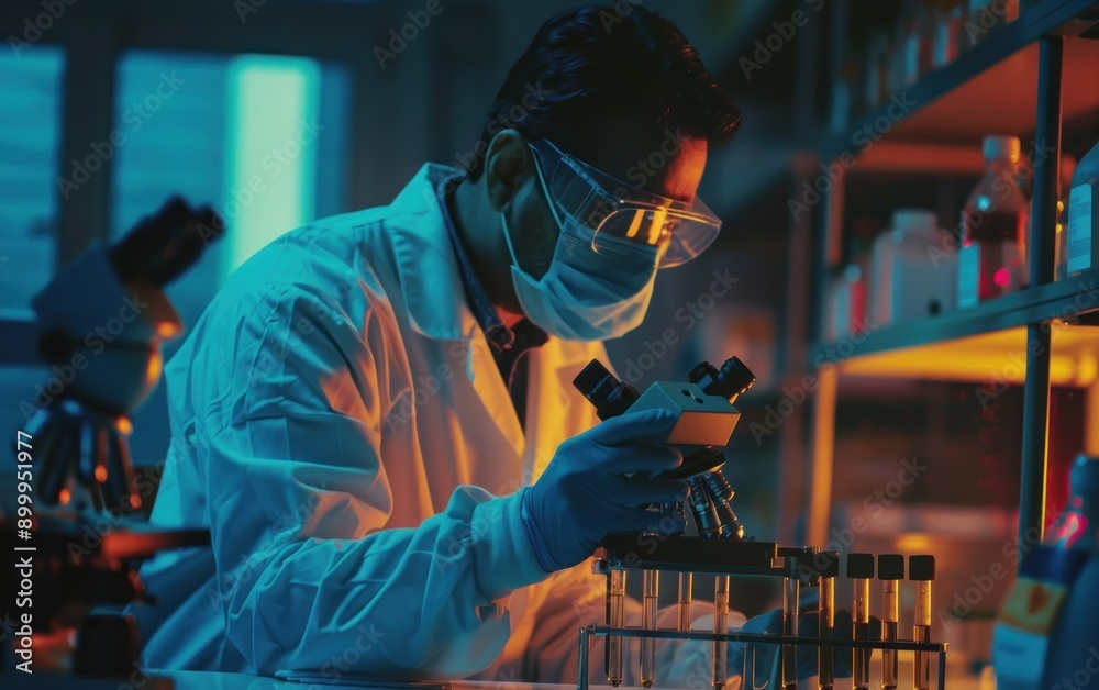 Poster a scientist carefully examines samples under a microscope in a laboratory lit by vibrant neon lights