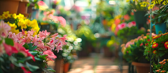 Copy space image of potted flowers and plants displayed in a flower shop and within a greenhouse, showcasing tropical flowers being grown at home with selective focus on natural flora.