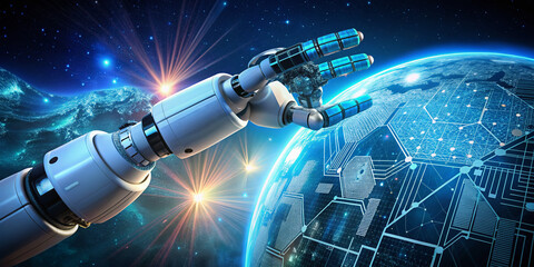 Modern futuristic robotic arm and 3D holographic display connect to a network of glowing circuit boards and satellites, symbolizing innovative technological advancements.