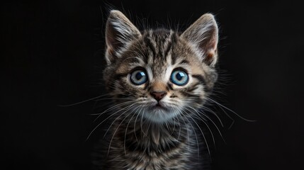 Portrait of a lovely grey striped kitten with blue eyes against a black backdrop