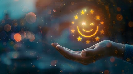 Hand interacting with a virtual feedback survey showing a smiley face and star rating