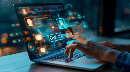 A person typing on a laptop with a transparent overlay of a "Chat AI" interface, featuring chat bubbles and AI related icons
