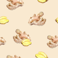 Seamless pattern with watercolor ginger root on light background, suitable for culinary and kitchen designs