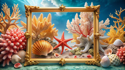Vibrant coral bursts forth in a golden frame, showcasing an exquisite seashell assortment and starfish, serenely suspended in a pristine white underwater setting.