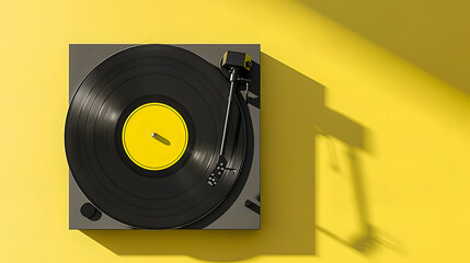 Obraz premium Trendy vinyl record on retro turntable with yellow label and gray shadow on yellow backdrop