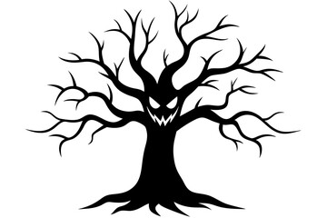 Vector Line Art: Halloween Scary Tree on White Background