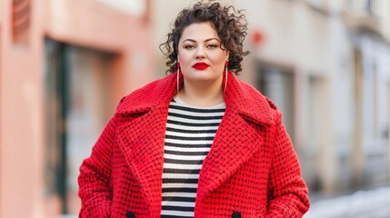 Plus-size model in chic coat, wintery street, body positivity, seasonal fashion