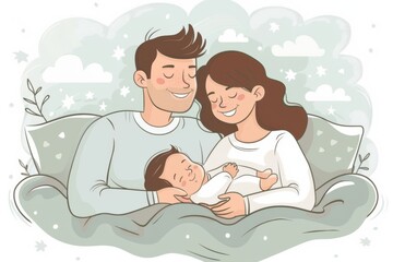 Obraz premium Cozy family portrait with baby warm lighting highlighting love and connection in a rustic intimate setting