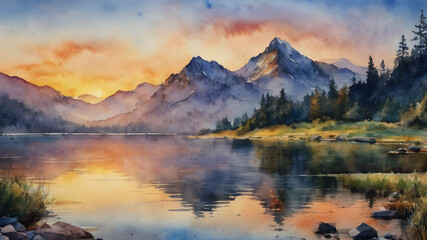 Fototapeta premium Mountain stream and forest landscape oil painting. Generative AI