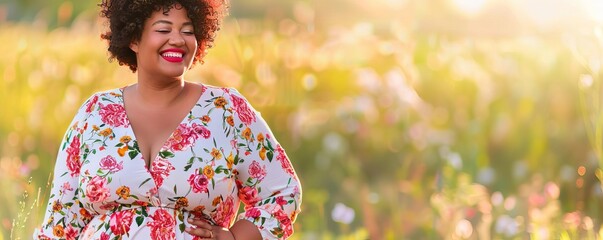 Plus-size model in floral dress, spring meadow, body positivity, freshness