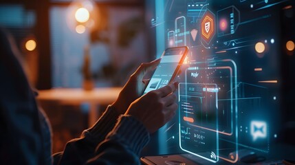 Businessman Interacting with Futuristic Augmented Reality Interface with Email and Notification Icons