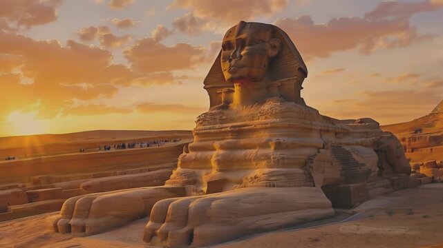 The Sphinx near the Great Pyramids of Giza at sunset. Watch as the golden light transforms these ancient wonders, highlighting their timeless majesty.