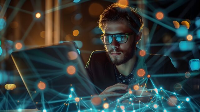 A businessman analyzing compromised information on his laptop in a secure office