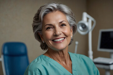 Fototapeta premium An old woman at a dentist appointment. Stamological services.