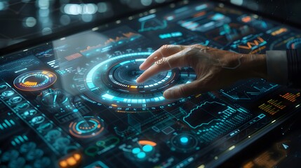 A person using a digital tech to navigate a futuristic interface filled with data and charts