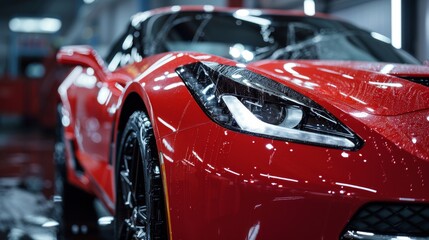 Naklejka premium Ceramic coating application at car detailing studio or car wash. 