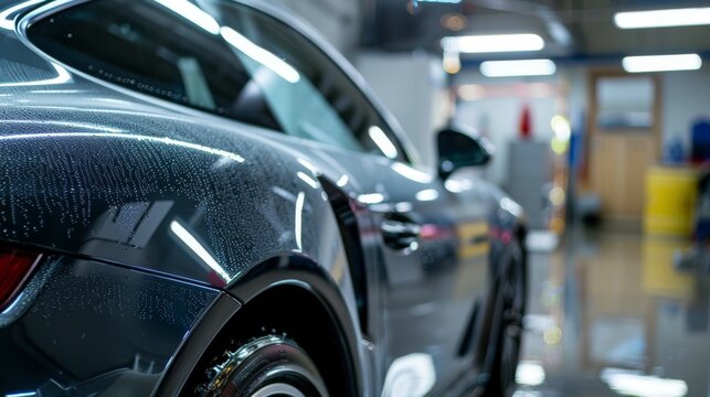 Ceramic coating application at car detailing studio or car wash. 