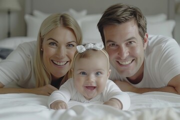 Obraz premium Happy family portrait with baby bright natural light highlighting joy and togetherness in a cozy loving home environment