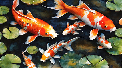 Oil painting Goldfish in an artificial pond. Generative AI