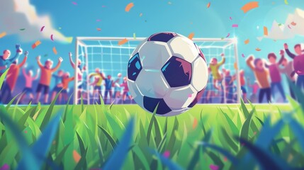 In the football stadium, a soccer ball scores a goal into the net amidst cheering fans, set on lush green grass. Vector illustration of sports excitement, including street soccer. 